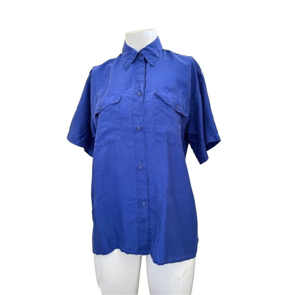 Stephanie Kay M 100% silk blue button up shirt short sleeve natural fiber